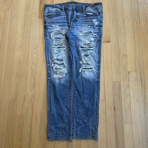 American Eagle Jeans Mens 36x32 Blue Denim Airflex 360 Skinny Distressed Stretch